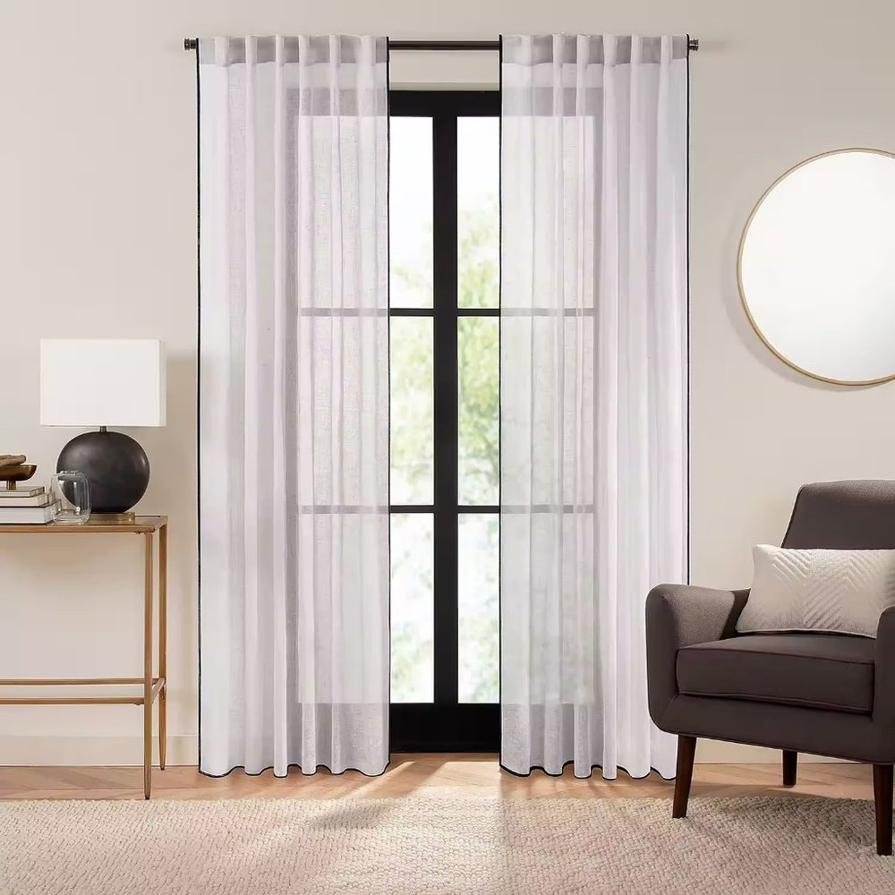 Fieldcrest Luxury Linen Border Stripe Sheer Rod Pocket Back Tab Single Curtain